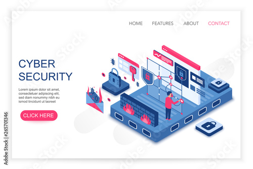 Cyber security, personal cloud data saving, privacy security concept 3d isometric web template vector illustration. People interacting with virtual screen charts and analyzing statistics.