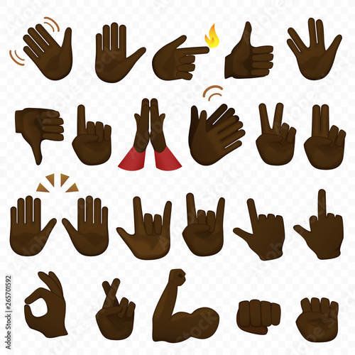 Set of dark black african american hands icons and symbols. Emoji hand icons. Different cartoon gestures, hands, signals and signs set vector illustration.
