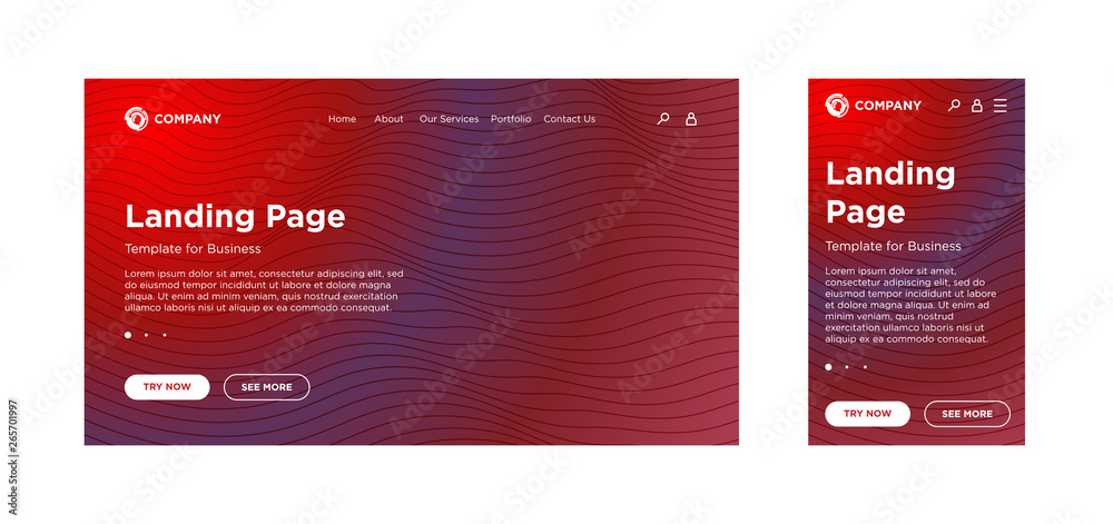 Landing page blank template desktop PC and mobile adaptive version. Minimal geometric background. Dynamic volume lines composition. Vector design for business corporate website or app