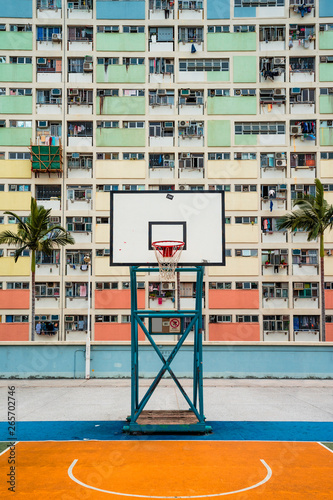 Choi Hung Estate Car Park, narrow apartments in the public housing estate in Hong Kong, with a basketball court. Most popular place for tourists. Empty area, no people