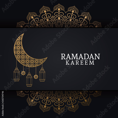 ramadan kareem with waning moon and islamic art