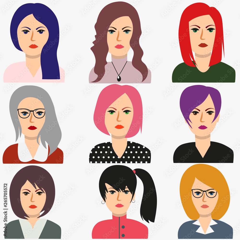 Set of woman avatars for web background design. Modern young people. Set of woman avatars for web background design. Modern young people.