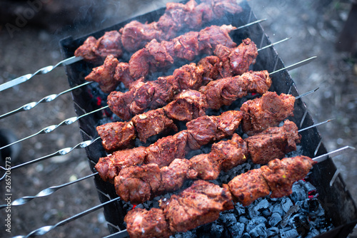 roasted meat, skewers with onions on skewers on the grill photo