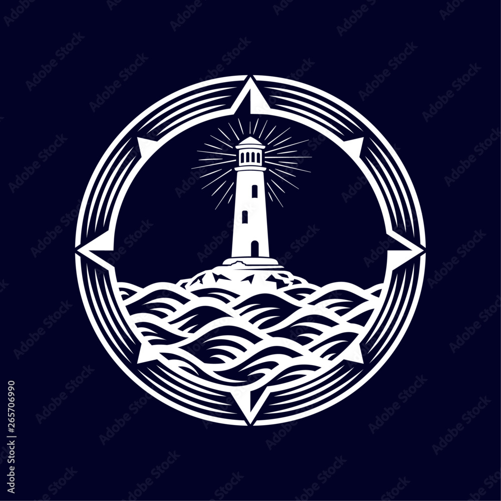 Lighthouse, Compass, Wave, Circle Logo Design Template. Vector Illustration.