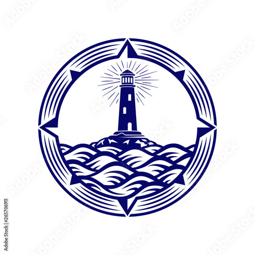 Lighthouse, Compass, Wave, Circle Logo Design Template. Vector Illustration.