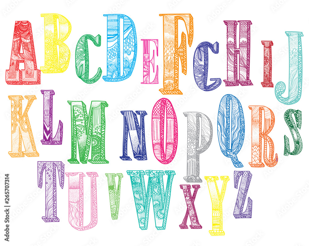 Alphabet. set of letters. Dudling drawing, mandala. Alphabet in the ...
