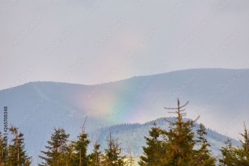 big beautiful rainbow after a rain on a background of mountains