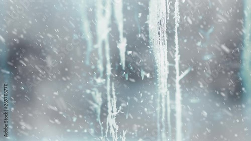 Wallpaper Mural falling snowflakes at frozen winter season glass with frost patterns Torontodigital.ca