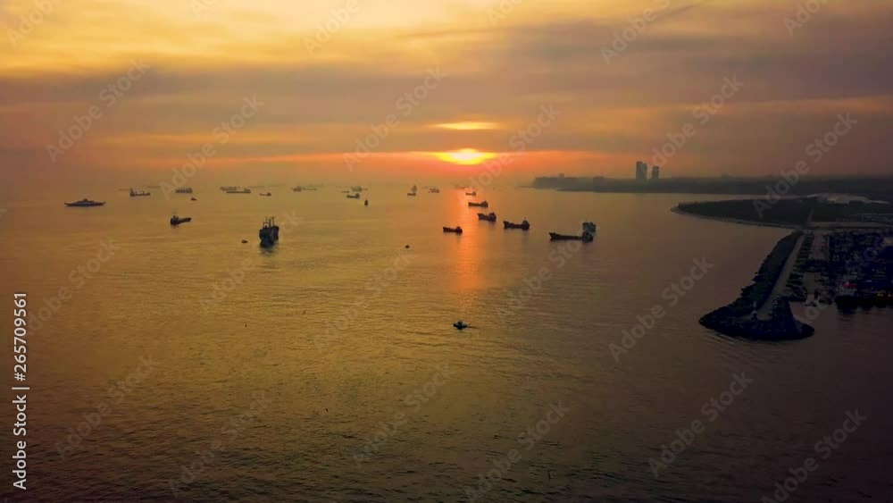 Reverse Aerial Shot of the Port of Istanbul at Sunset as Seagulls Wheel Around Reverse Aerial Shot of the Port of Istanbul at Sunset as Seagulls Wheel Around