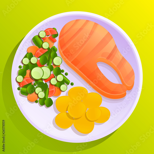plate of fish with potatoes and vegetable salad, vector illustration