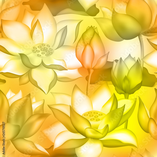 Lotus buds and flowers seamless background., Water lilly nelumbo aquatic plant floral graphic design.