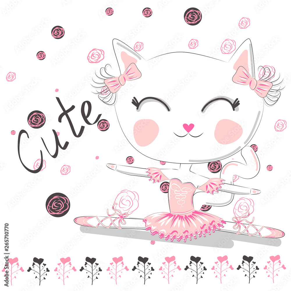 Cute ballerina cat dancing ballet in pink tutu.