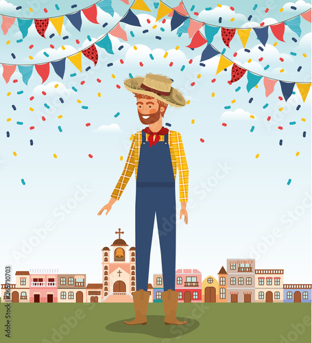 young farmer celebrating with garlands and cityscape