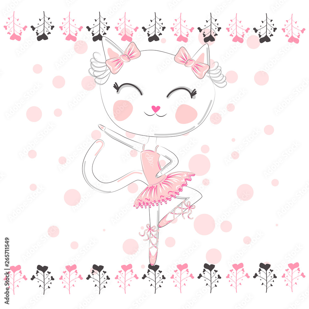cute white cartoon cat in ballet tutu, kitty girl in a pink skirt