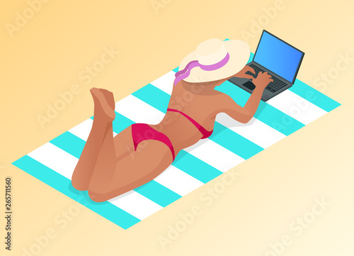 Isometric young woman working on the beach with a laptop on a sunny day, feeling of relaxing. Freelance or Blogging concept. Work with pleasure.