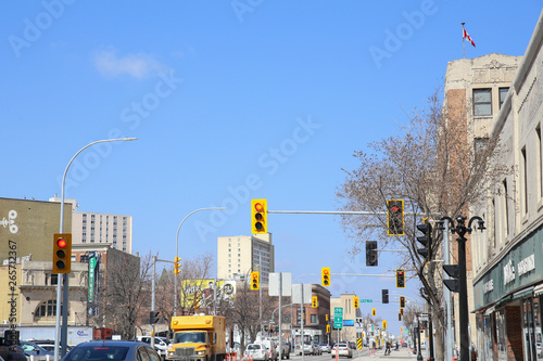 Winnipeg, Manitoba / Canada - May 2, 2019: Downtown Street Traffic. Beautiful Sunny Day.