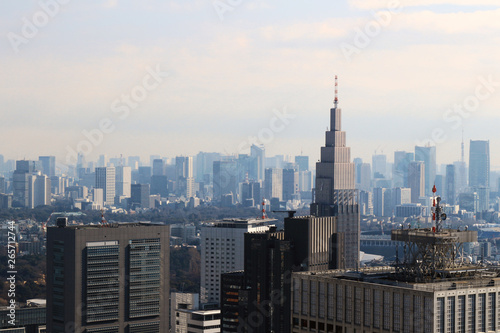 A view of Tokyo with a cell phone radio tower and various buildings