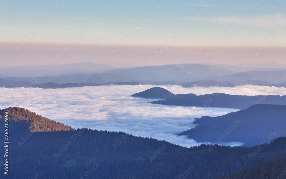 Beautiful white cloud sky, with fog on the morning. Fog in the morning with mountain