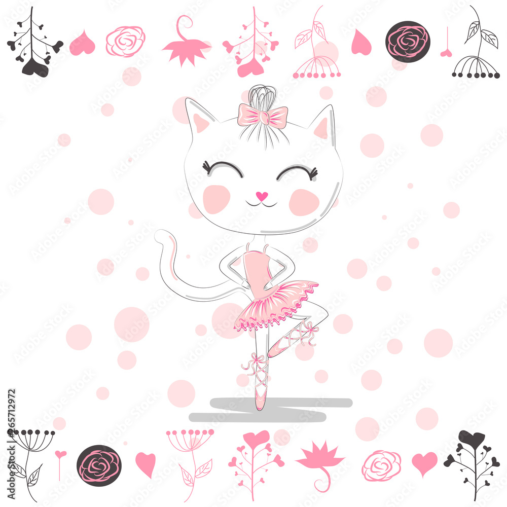 Hand drawn beautiful, lovely, little ballerina with cat. Hand drawn beautiful, lovely, little ballerina with cat.