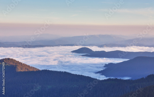 Beautiful white cloud sky, with fog on the morning. Fog in the morning with mountain