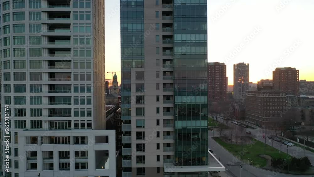 Slow panning drone shot, close to the buildings of Downtown Milwaukee during sunset Slow panning drone shot, close to the buildings of Downtown Milwaukee during sunset
