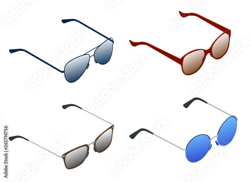 Isometric set of sunglasses isolated on white background. Female and male sunglasses for summer holidays