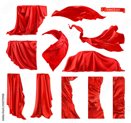 Red curtain vectorized image. Drapery fabric 3d realistic vector set photo