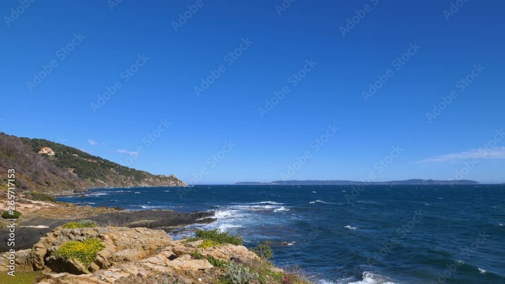 Rocky Mediterranean coastline on a clear mistral windstorm day, moving shot Rocky Mediterranean coastline on a clear mistral windstorm day, moving shot