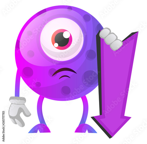 Sad monster with direction sign down illustration vector on white background