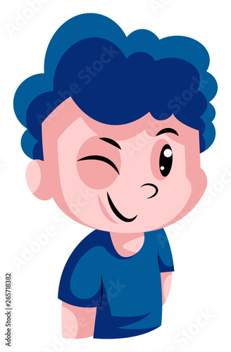 Boy with a blue curly hair winking illustration vector on white background