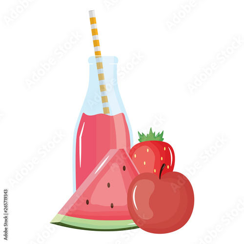fresh watermelon and apple juice fruits in botttle with straw