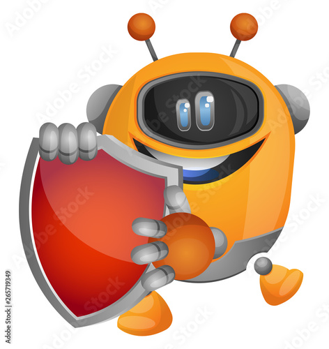Cartoon robot holding a red shield illustration vector on white background