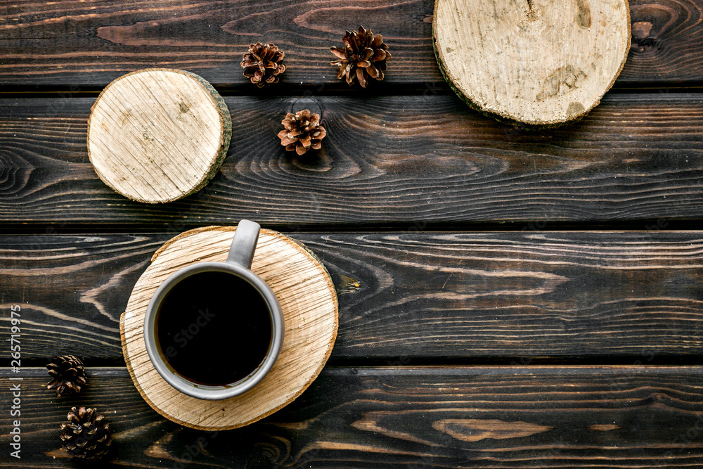 Tree stumps, coffee and cones for presentation background top view copy space Tree stumps, coffee and cones for presentation background top view copy space