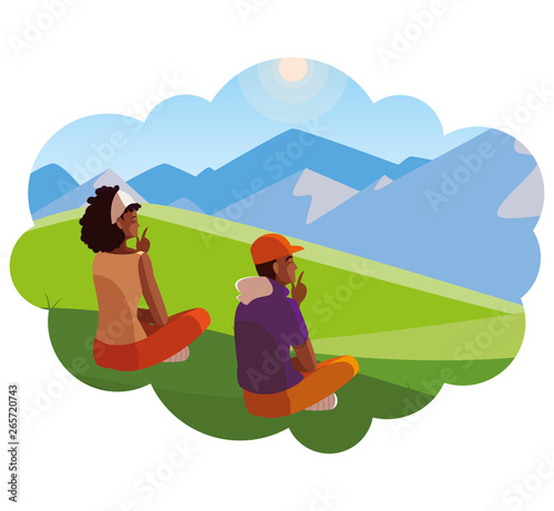 afro couple contemplating the horizon in the field scene