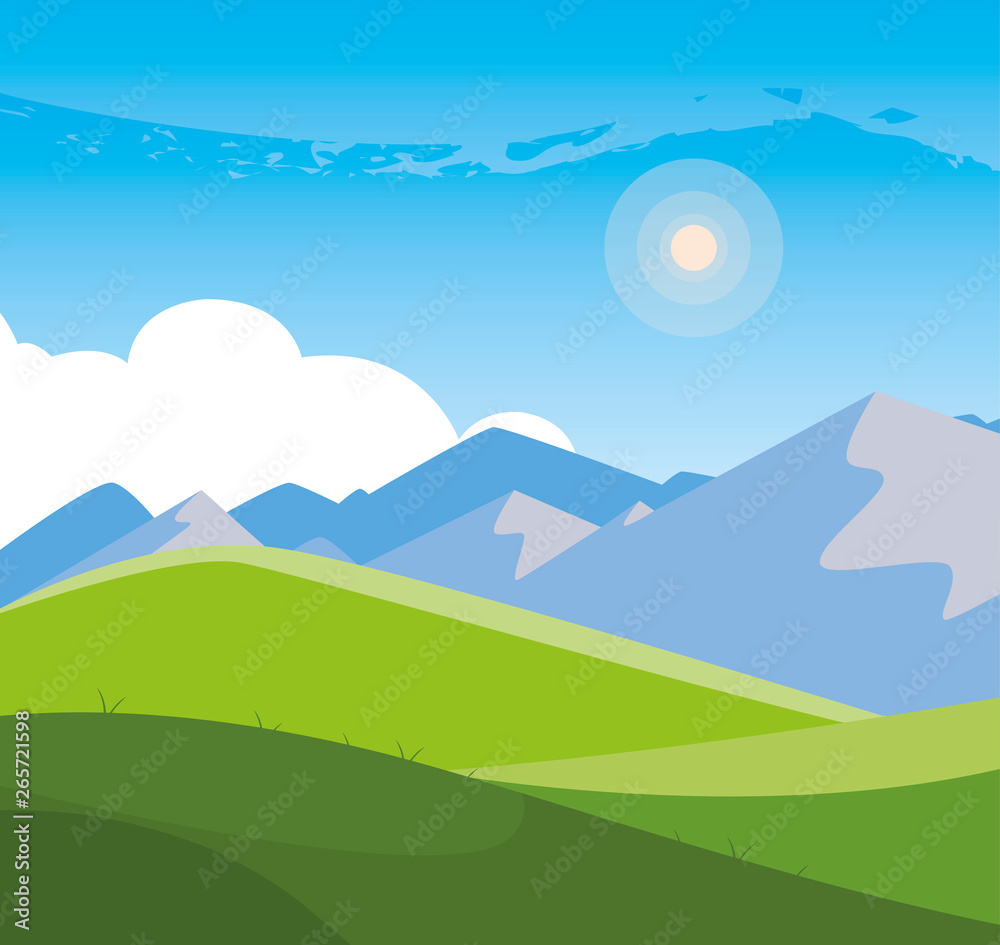 Fototapeta premium field camp and mountains landscape scene