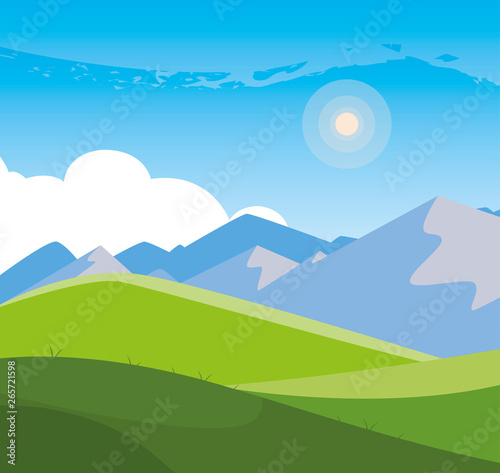 field camp and mountains landscape scene