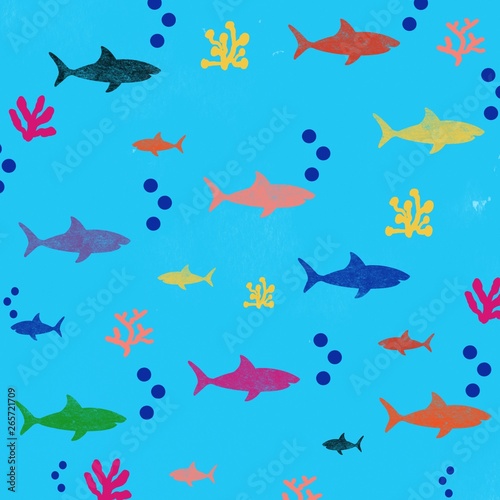 Underwater Watercolor Sharks Swimming Background 