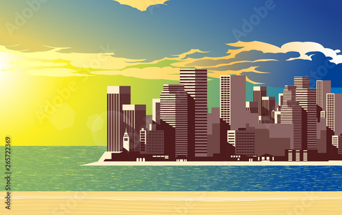 landscape of city at seaside in sunset