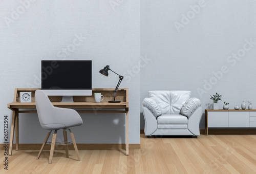 interior room design for working area with desktop computer. 3d render