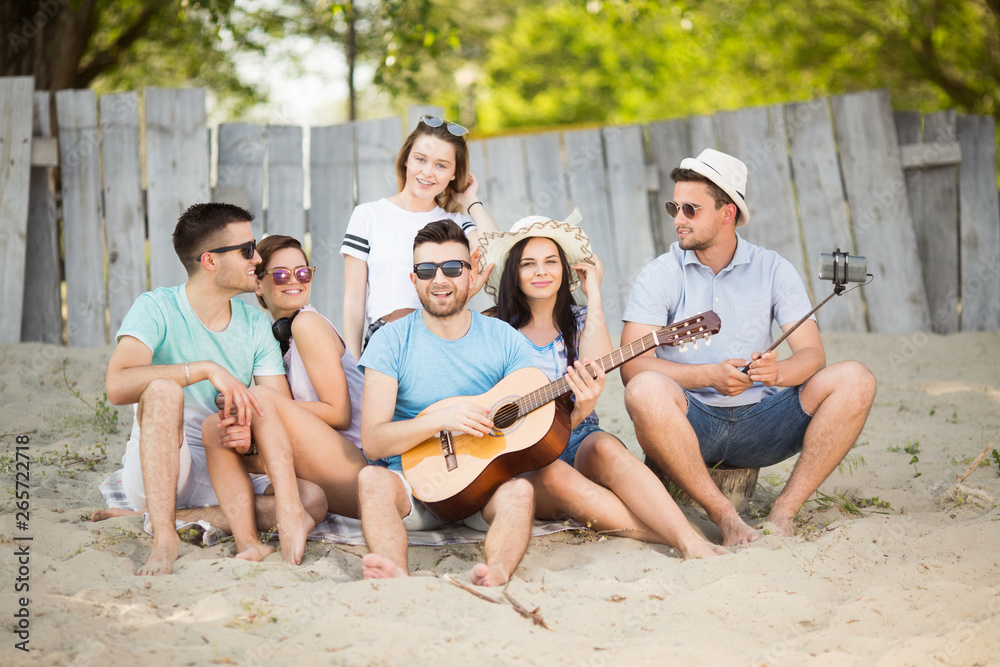 Young happy group of people with a guitar together at the beach
