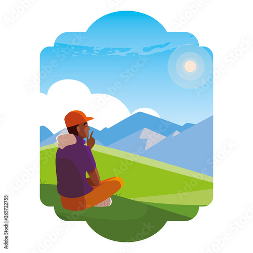 afro man contemplating the horizon in the field scene