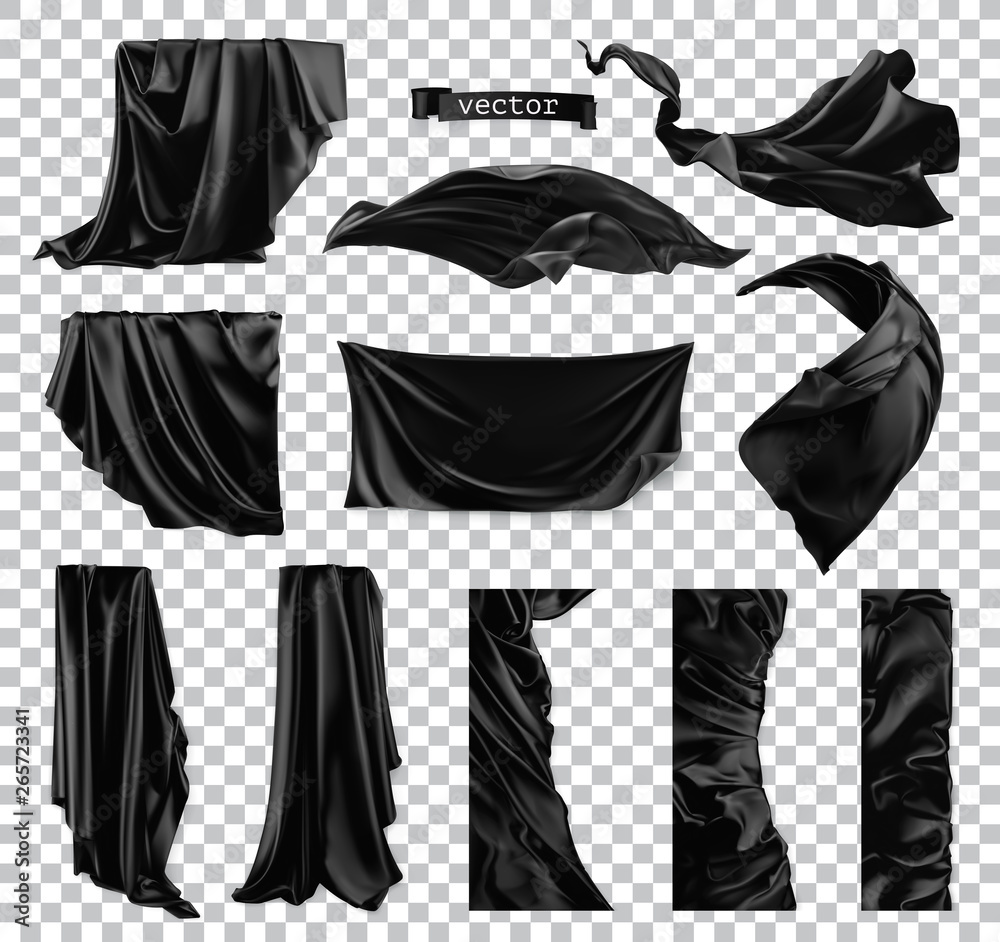 Black curtain vectorized image. Drapery fabric 3d realistic vector set