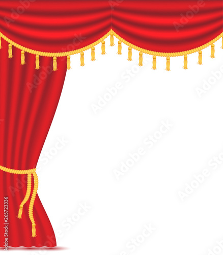 Red curtains with drapery, vector illustration isolated on white background. Place for text. Design element for theather, show, cinema, banner.