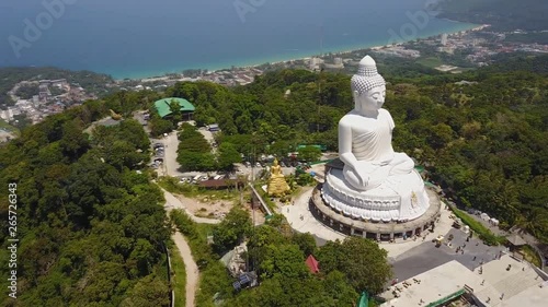 Aerial view Big Buddha of Phuket Thailand Height: 45 m. Reinforced concrete structure adorned with white jade marble Suryakanta from Myanmar (Burma). photo