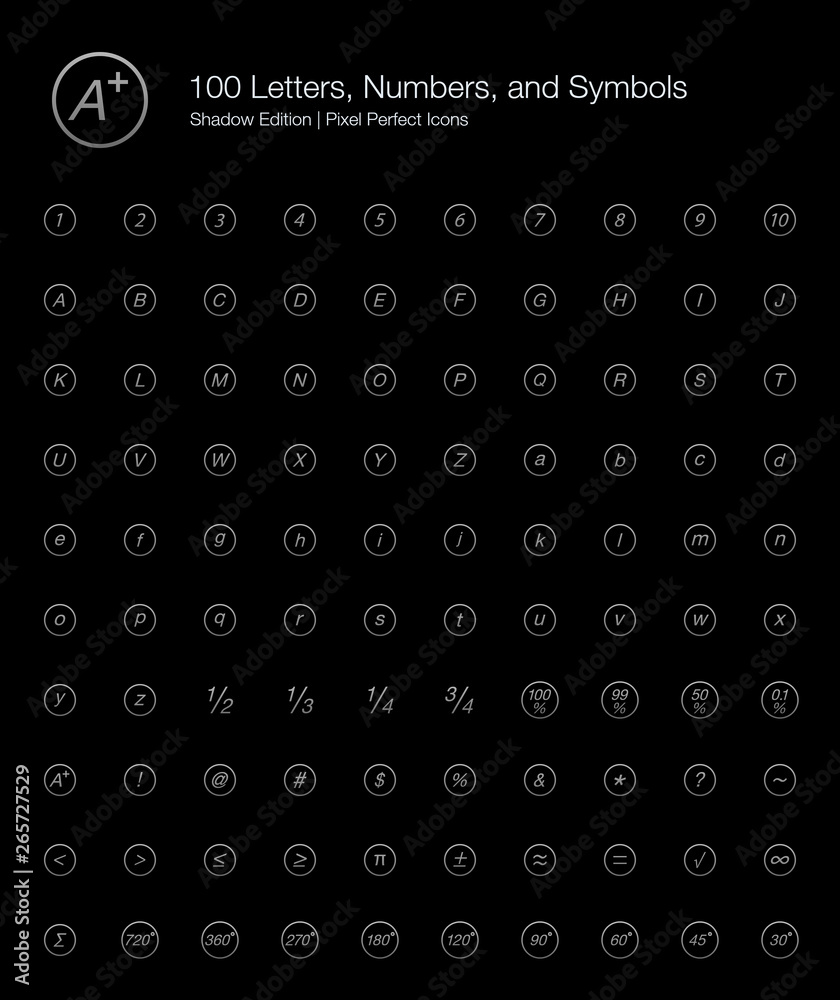 Letters Numbers Alphabet Pixel Perfect Icons (line style) Shadow Edition.  Set of vector icons representing alphabets, numbers, letters and other  symbols in grey shading gradient for dark theme design. Stock Vector