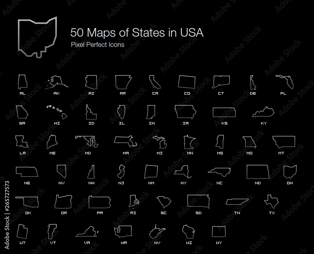 All 50 USA States Map Pixel Perfect Icons (Line Style Shadow Edition).  Vector icons of the complete United States of America states map. Stock  Vector
