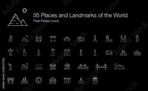 35 Places and Landmarks of the World Pixel Perfect Icons (Line Style Shadow Edition). Vector icons of famous places and buildings around the world.