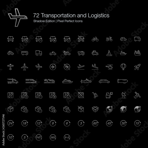 Transportation and Logistics Pixel Perfect Icons (line style) Shadow Edition.