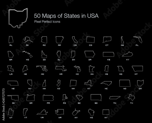 All 50 USA States Map Pixel Perfect Icons (Line Style Shadow Edition). Vector icons of the complete United States of America states map.