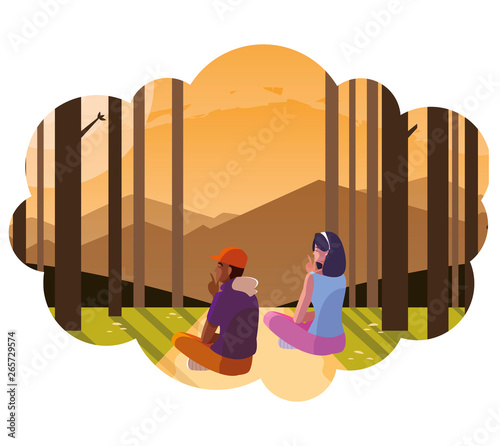 couple contemplating horizon in the forest scene